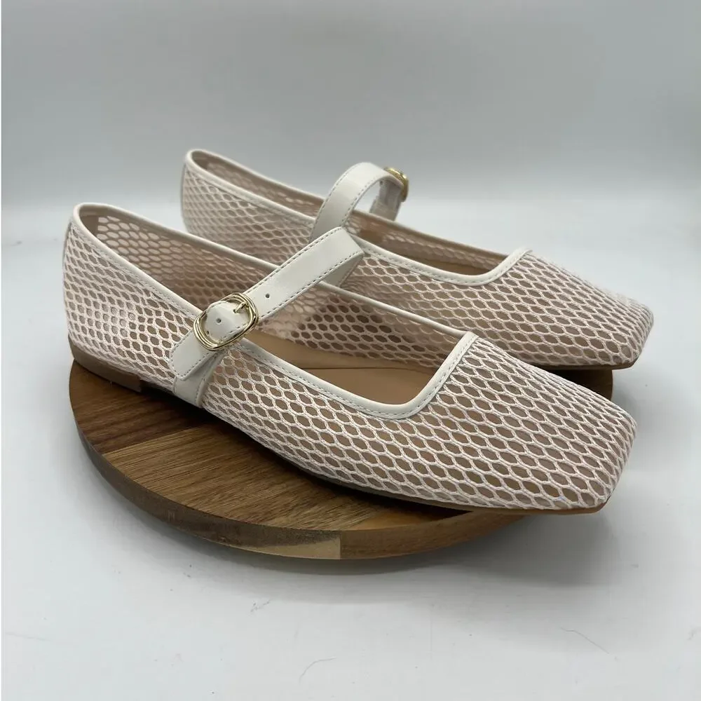 INC Jadis Mesh Mary Jane Flats - White Sheer Ballet Buckle NIB Size 9.5